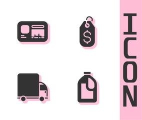 Poster - Set Bottle for cleaning agent, Identification badge, Delivery cargo truck and Price tag with dollar icon. Vector