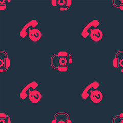 Poster - Set Telephone 24 hours support and Headphones on seamless pattern. Vector