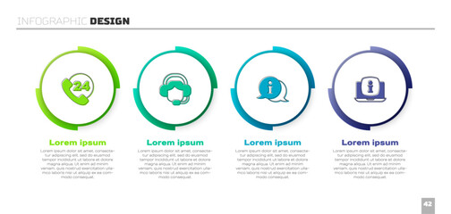 Poster - Set Telephone 24 hours support, Woman with a headset, Information and Laptop information. Business infographic template. Vector