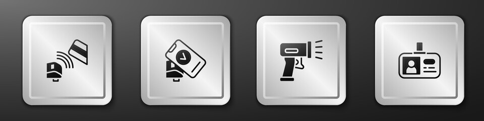 Poster - Set POS terminal with credit card, , Scanner scanning bar code and Identification badge icon. Silver square button. Vector