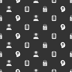 Poster - Set Online education, Human with lamp bulb, Mountains flag and To do list or planning on seamless pattern. Vector
