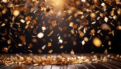 luxurious black backdrop with cascade of golden confetti ideal for upscale event announcements glamorous product launches and sophisticated advertising festive vertical background