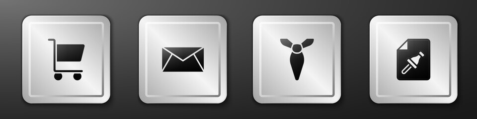 Poster - Set Shopping cart, Mail and e-mail, Tie and Note paper with push button icon. Silver square button. Vector