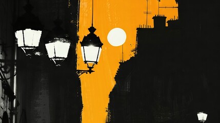 Poster -   A monochromatic image of a streetlight against a building backdrop, with a distant sun