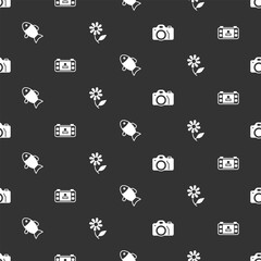 Poster - Set Photo camera, Portable video game console, Fish and Flower on seamless pattern. Vector