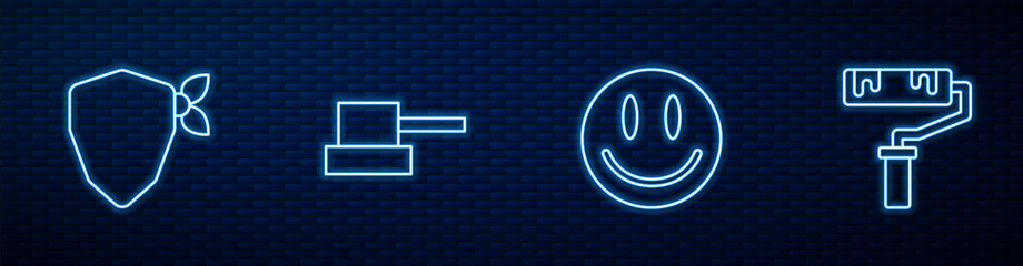 Wall Mural - Set line Smile face, Vandal, Spray can nozzle cap and Paint roller brush. Glowing neon icon on brick wall. Vector