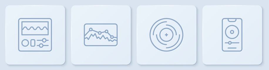 Wall Mural - Set line Drum machine, Vinyl disk, Music wave equalizer and player. White square button. Vector