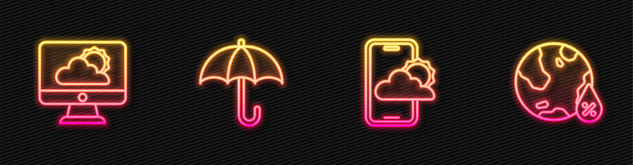 Wall Mural - Set line Weather forecast, , Umbrella and Water drop percentage. Glowing neon icon. Vector