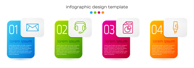 Wall Mural - Set line Mail and e-mail, Headphones, Document with graph chart and Marker pen. Business infographic template. Vector