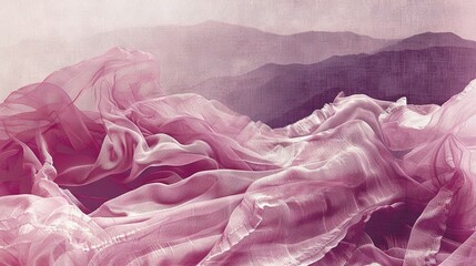 Wall Mural -  A photo of a pink fabric against a backdrop of mountains with a pink sky in the foreground and clouds in the background