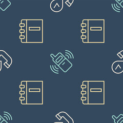 Poster - Set line Telephone handset, Notebook and Mobile on seamless pattern. Vector