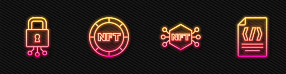 Aufkleber - Set line NFT Digital crypto art, Cyber security, and Binary code. Glowing neon icon. Vector