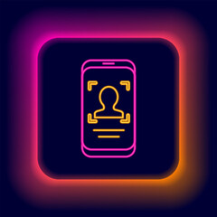 Wall Mural - Glowing neon line Mobile phone and face recognition icon isolated on black background. Face identification scanner icon. Facial id. Cyber security. Colorful outline concept. Vector