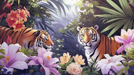 Canvas Print -   A pair of tigers stand together in front of a forest brimming with blooming flowers and swaying palm trees