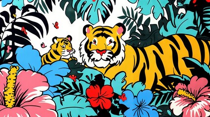 Canvas Print -   Tiger and cub amidst vibrant flora on blue-white backdrop