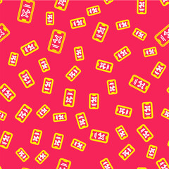 Poster - Line Smartphone with electronic boarding pass airline ticket icon isolated seamless pattern on red background. Passenger plane mobile ticket for web and app. Vector