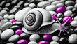 © Adrianna - A cute greyscale snail crawling on top of pink, white and black pebbles.