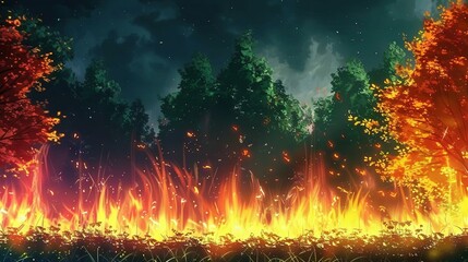 Leinwandbilder -   A vibrant painting depicts a blazing fire in the heart of a dense forest, its radiant orange and fiery red flames emanating from the towering trees