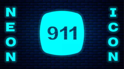 Poster - Glowing neon Telephone with emergency call 911 icon isolated on brick wall background. Police, ambulance, fire department, call, phone. Vector