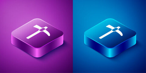 Sticker - Isometric Pickaxe icon isolated on blue and purple background. Square button. Vector