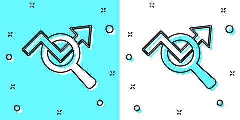 Poster - Black line Magnifying glass and data analysis icon isolated on green and white background. Search sign. Random dynamic shapes. Vector