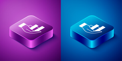 Poster - Isometric Pie chart infographic icon isolated on blue and purple background. Diagram chart sign. Square button. Vector