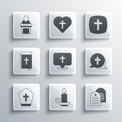 Wall Mural - Set Burning candle in candlestick, Holy bible book, Christian cross, Location church building, Pope hat, Church pastor preaching and icon. Vector
