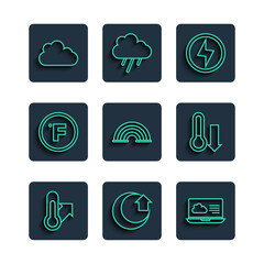 Poster - Set line Meteorology thermometer, Moon, Weather forecast, Lightning bolt, Rainbow, Fahrenheit, Cloud and icon. Vector