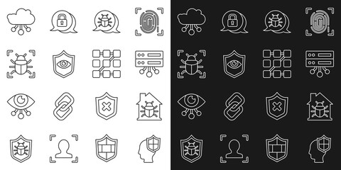 Poster - Set line Head with shield, House system bug, Server, Data, Web Hosting, System, Shield and eye, Internet of things and Graphic password protection icon. Vector