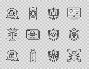 Poster - set line cyber security, system bug, shield with brick wall, usb flash drive, browser incognito wind