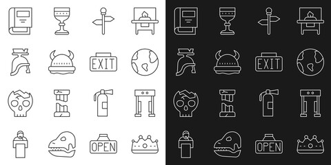 Sticker - Set line King crown, Metal detector, Earth globe, Road traffic signpost, Viking horned helmet, Roman army, History book and Exit icon. Vector