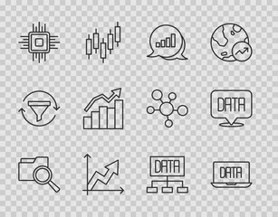 Sticker - Set line Search with folder, Data analysis, Pie chart infographic, Financial growth, Processor CPU, and icon. Vector