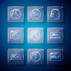 Poster - Set line Question and Answer, Telephone 24 hours support, Browser help, Headphones, Time Management, setting, and Laptop FAQ icon. Vector