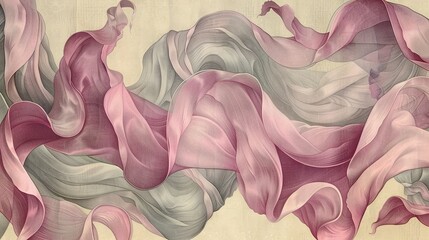 Wall Mural -  A canvas featuring pink-grey swirls against a beige backdrop, with a harmonious light pink color palette