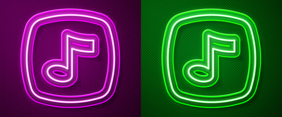 Poster - glowing neon line music note, tone icon isolated on purple and green background. vector