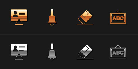 Poster - Set Online class, Ringing bell, Eraser or rubber and Chalkboard icon. Vector