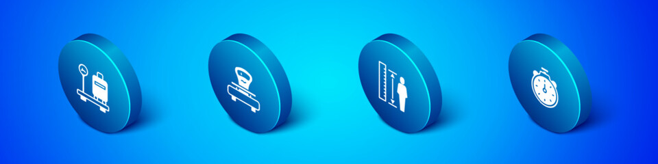 Poster - Set Isometric Scale with suitcase, Measuring height body, Stopwatch and Scales icon. Vector