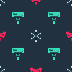Poster - Set Wireless gamepad, Network and Air conditioner on seamless pattern. Vector