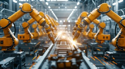 Poster - Robotic arms working in an industrial factory with sparks flying