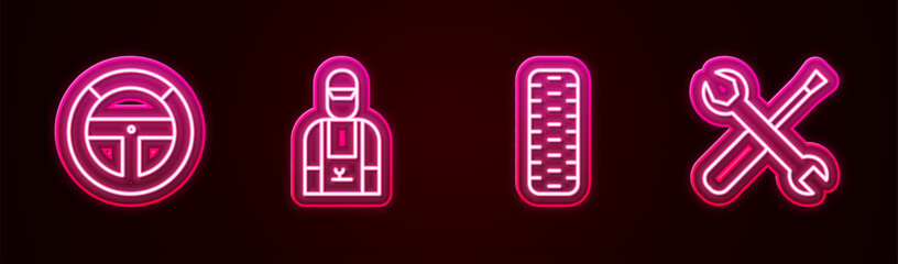 Canvas Print - Set line Steering wheel, Car mechanic, tire and Screwdriver and wrench spanner. Glowing neon icon. Vector