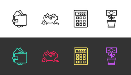 Poster - Set line Wallet with money, Broken piggy bank, Calculator and Money plant in the pot on black and white. Vector