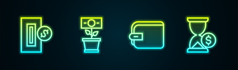 Poster - Set line Inserting coin, Money plant the pot, Wallet and Hourglass with dollar. Glowing neon icon. Vector