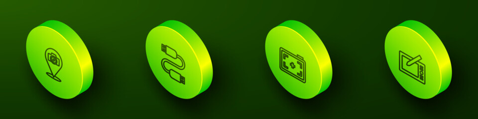 Poster - Set Isometric line Photo camera, USB cable cord, and Graphic tablet icon. Vector