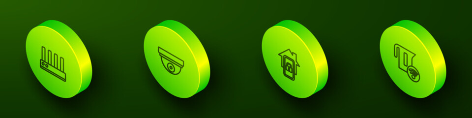 Poster - Set Isometric line Router and wi-fi signal, Motion sensor, Mobile with smart home and Smart electric kettle icon. Vector
