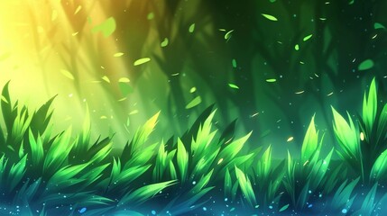 Wall Mural -   A close-up of a lush green grass field bathed in sunlight, with droplets of water glistening on the blades Sunlight filters through the tall grass bl