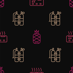 Sticker - Set line Air conditioner, Aqualung and Pineapple on seamless pattern. Vector