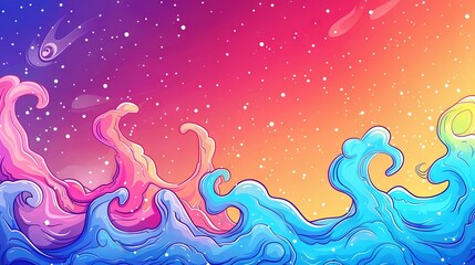 Wall Mural -  Colorful ocean wave painting, star-filled sky in the backdrop with celestial bodies overhead