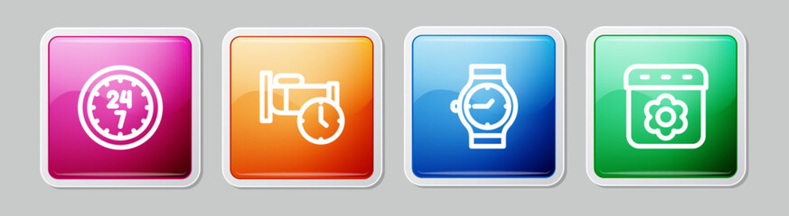 Poster - set line clock 24 hours, time to sleep, wrist watch and calendar spring. colorful square button. vec