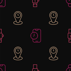 Poster - Set line Wrist watch, Time zone clocks and Alarm app mobile on seamless pattern. Vector