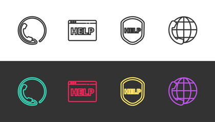 Poster - Set line Telephone 24 hours support, Browser help, Shield with text Help and on black and white. Vector